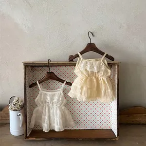 2024夏季公主设计婴儿女婴蕾丝褶边连衣裙新生学步儿童纯米色黄色连衣裙256