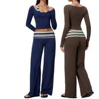 Ensemble de yoga 2 pièces en Spandex/Nylon anti-transpiration, haut à manches longues coupe ajustée color-block et pantalon taille mi-haute sculptant et amincissant