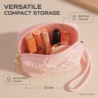 Petite trousse de maquillage en cuir PU matelassé avec logo personnalisé, broderie, porte-monnaie avec dragonne pour femme, organiseur de cosmétiques pour le quotidien et les voyages