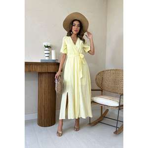 Robe en mousseline de lin jaune à double boutonnage, taille naturelle, coupe ample, respirante, pour usage quotidien décontracté - Product Image 5