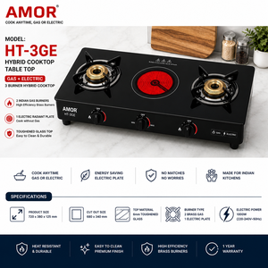 Estufa Híbrida Amor de 3 Quemadores, 2 de Gas + 1 Infrarrojos, Vidrio Templado Negro, Soportes de Hierro Fundido, Compatible con GLP/GN para Cocina Moderna - Product Image 1