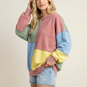 <span class=keywords><strong>Sweat</strong></span>-shirt à capuche en coton French Terry pour <span class=keywords><strong>femme</strong></span>, délavé, patchwork color-block, col rond, coupe oversize, personnalisable - Product Image 1