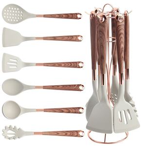7 Pieces Cooking <b>Tool</b> Set Wood Grain Handle <b>Silicone</b> Kitchen Utensil Set with Rose Gold Storage Rack - Product Image 1