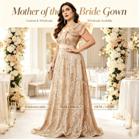 Robe de soirée trapèze grande taille en sequins or champagne avec col en V en organza à volants pour femme – Vente en gros