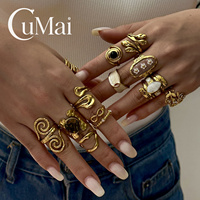 CUMAI Bagues ouvertes en acier inoxydable plaqué or 18 carats martelé avec pierre brute en spirale pour femmes, bijoux tendance, étanches, vente en gros