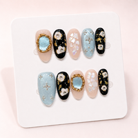 Faux Ongles de Luxe Personnalisés en 3D avec Motifs Floraux, Courts, Ovales, 10 Pièces, Ongles Acryliques Faits Main de Qualité Supérieure à Coller, Vente en Gros ODM