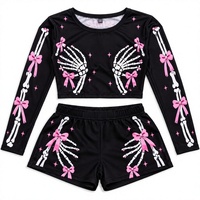 Ensemble 2 pièces pour femme : Crop top à manches longues et short imprimé squelette avec nœud, personnalisable avec logo de marque, vente en gros pour fabricants