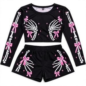 Conjunto de 2 Piezas para Mujer, Top Corto de Manga Larga con Estampado de Mano de Esqueleto y Pantalones Cortos, Logotipo de Marca Personalizado, Fabricantes Mayoristas - Product Image 1