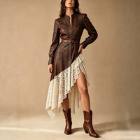 Robe d'automne à manches longues de style rétro occidental européen et américain, en polyester/spandex, patchwork, avec bordure en dentelle, coupe sirène