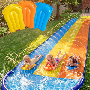 Triple Lane Rainbow PVC Water Slide with Sprinkler and 3 <b>Surf</b> Riders for Kids Backyard Racing - Product Image 1