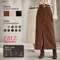 Jupe crayon midi en velours côtelé marron uni, taille haute, coupe ajustée, fendue sur le devant, avec ceinture, en polyester et coton, style vintage, pour femme, vente en gros