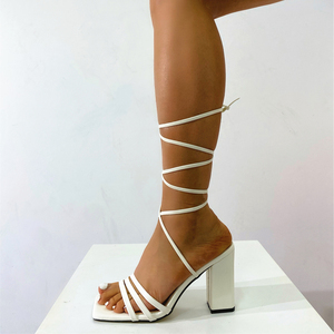 Sandales à talons hauts populaires 2023 pour femmes, à lacets, blanches et noires, chaussures pour femmes, sandales à talons épais - Product Image 4