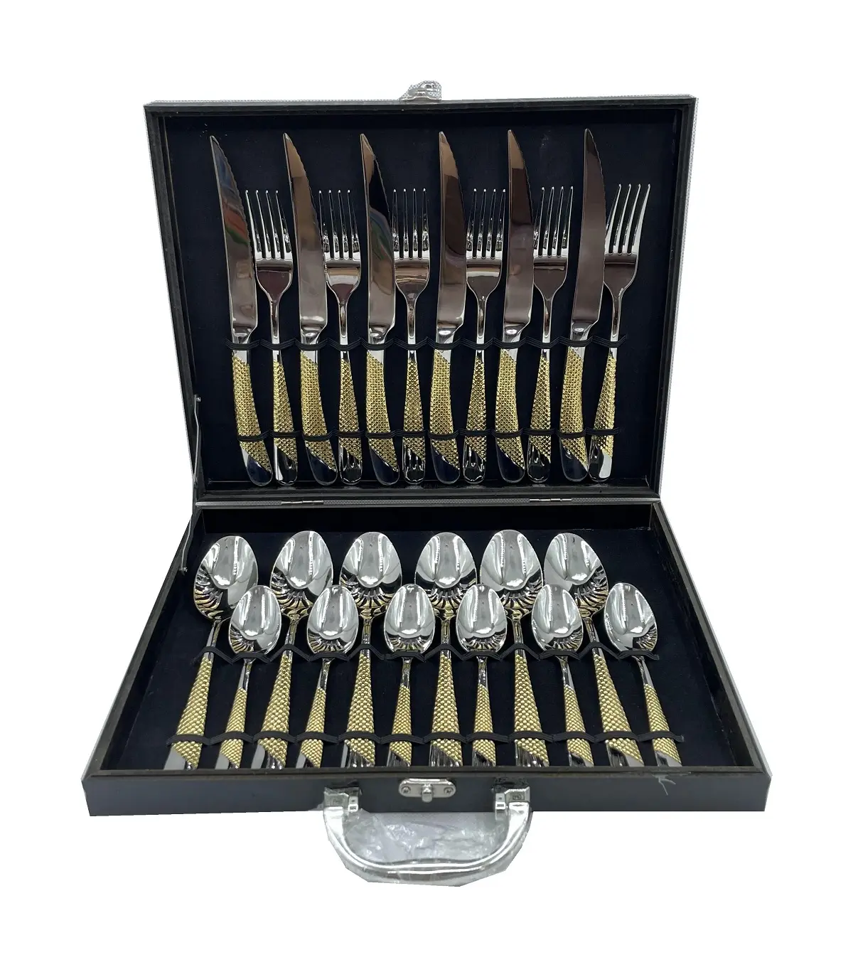 Luxury Shiny 304 Stainless Steel Flatware 24pcs Cutlery Set Gold Plated Tableware Set