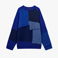 Sweater Rajut Pria Custom OEM ODM, Model Patchwork Bertekstur, Warna Blok, Kerah Bulat, Model Pullover untuk Pria