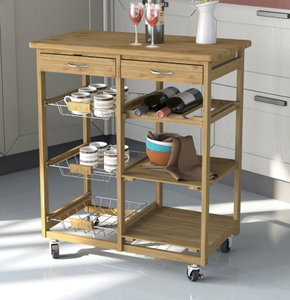 Bar mobile personnalisé Chariot de cuisine de rangement en bois de pin naturel avec plateau en carreaux Chariot de cuisine avec roues - Product Image 4
