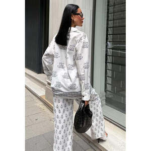 Conjunto de Lino con Estampado Étnico Sobe para Mujer, Manga Larga, Estilo Bohemio, Transpirable, Primavera Verano, Blanco - Product Image 5