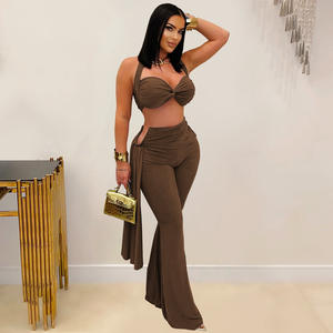 Spedizione Rapida CX7485 Set Estivo da <span class=keywords><strong>Donna</strong></span>, Top Corto con Collo all'Americana e Pantaloni a Gamba Larga, Completo Due Pezzi Elasticizzato per Look Casual - Product Image 5