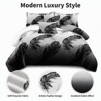 Parure de lit lavable 100 % polyester à motif floral, motif plumes noir et blanc, pour maison et hôtel, style moderne et luxueux, en stock en Pologne