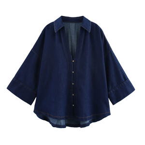 Yuhong <strong>Turn</strong> Down Collar Buttons <strong>Up</strong> Long Sleeve Denim Blue Color Casual Fashion <strong>Jeans</strong> Tops Blouse For <strong>Women</strong> - Product Image 1