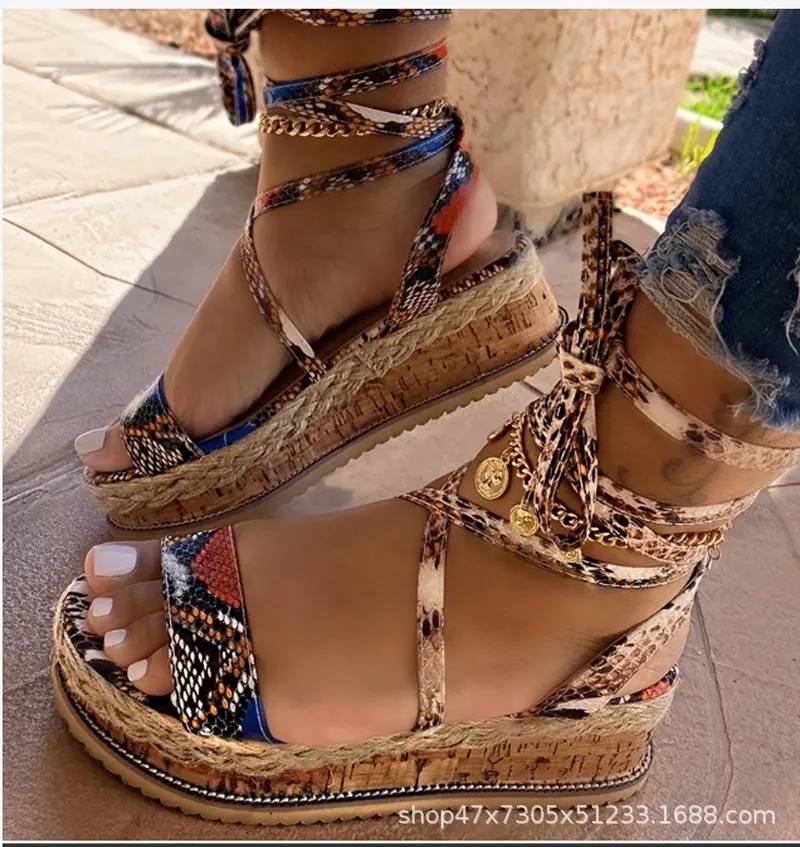 Dropshipping Women Sandals Mid Heel Summer Bandage Women's Shoes Open Toe Boho Color Snake Pattern Plus Size 35-43