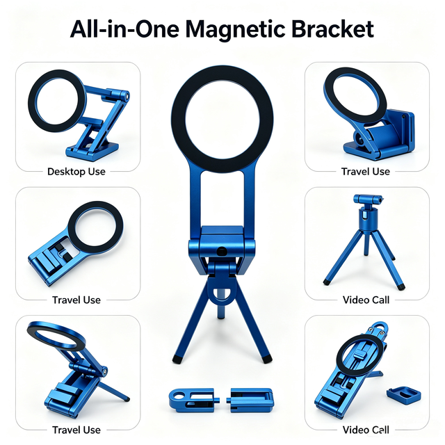 OEM ODM Multi Functional Magnetic Phone Bracket Foldable Aluminum Alloy Desktop Tripod Phone Holder for Mobile Phone Tablet