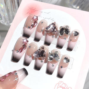 Faux ongles de luxe à pression avec dégradé, strass, nœud et cœur, couvrance totale, amovibles pour doigts - Product Image 3
