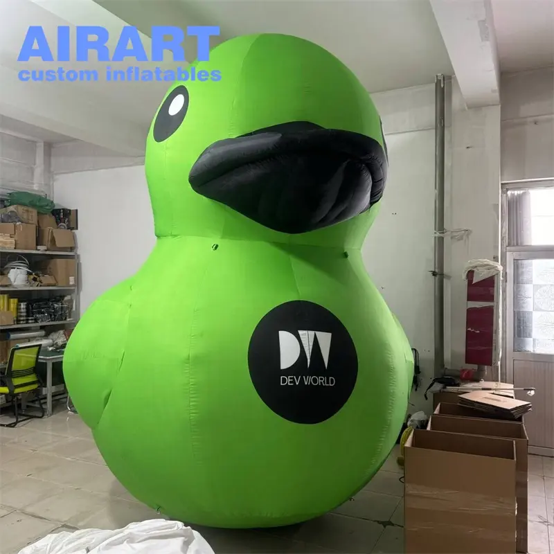 Juguete de pato inflable con logotipo de impresión de piel verde, globo de Mascota de pato verde inflable de exposición