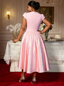 <span class=keywords><strong>Robe</strong></span> midi décontractée <span class=keywords><strong>rose</strong></span> en satin patchwork jacquard à manches courtes et grand nœud élégant AM050606, <span class=keywords><strong>taille</strong></span> plus - Product Image 3