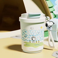Mug à café Snoopys en acier inoxydable avec intérieur en céramique, gobelet isotherme à double usage, couvercle rabattable, tasse à eau portable avec cordon de dessin animé