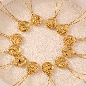 Collier de pièces astrologie plaqué or pendentif rond en relief <span class=keywords><strong>Horoscope</strong></span> collier signe <span class=keywords><strong>du</strong></span> zodiaque en acier inoxydable - Product Image 1