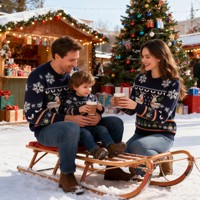 Pull de Noël personnalisé style européen et américain 2026 – Tenue familiale parent-enfant – Pull jacquard hiver motif élan pour enfants et adultes