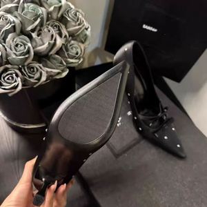 Zapatos de Tacón Alto para Mujer, Elegantes, Estilo Francés, con Lazo, Punta Cuadrada, Negros, con Pedrería, de Una Sola Capa, Tacón de 7-10 cm, de Goma - Product Image 6