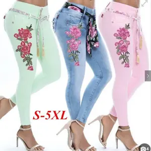 Sexy Vrouwen Bloemen Borduurwerk Hoge Taille Skinny Jeans Denim Lange Broek Vrouwen Hoge Taille Kwast Riem Slanke Stretchy Jeans