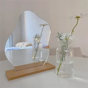 Nordic Style Factory Customized Home Decor Glassware With Wooden Base Handmade Makeup Mirror