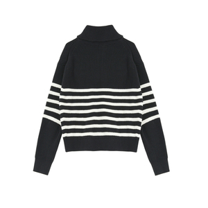 Maglione a collo alto lavorato a maglia con mezza Zip personalizzato/ODM manica lunga da <span class=keywords><strong>donna</strong></span> <span class=keywords><strong>nero</strong></span> a righe bianche per la parte anteriore Casual - Product Image 2