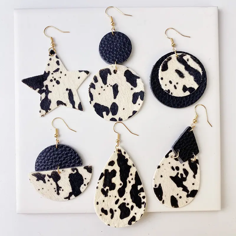 Hot sale new cow pattern leather earrings retro geometric pendant leopard pattern earrings