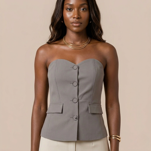 Wholesale Women's Gray <b>Strapless</b> <b>Corset</b> Blouse With Button Front And Pockets Minimalist Style Regular Fit Sleeveless Top - Product Image 1