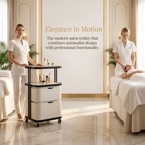 Modern Wood Double Glass Top 4-Wheel Beauty Trolley 2-Drawer Rolling Salon <b>Storage</b> <b>Cart</b> for Facial Lash Spa Clinic - Product Image 2