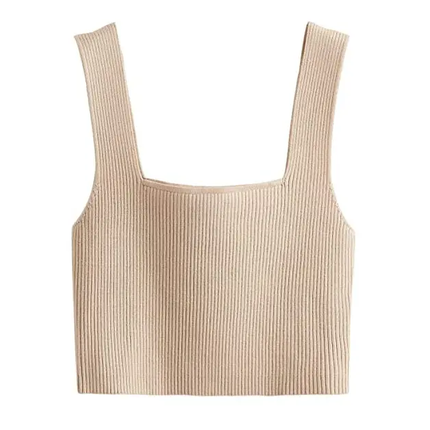 Fashion 50% Viscose 30% Polyester 20% Nylon Crop Tank Top Womens Knitted Ribbed Vest Square Collar Summer Ladies Tank Tops