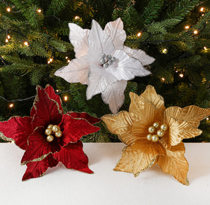 لمسة حقيقية الأحمر والأبيض الذهب البونسيتة الترتر زهرة اصطناعية كبيرة المخملية البونسيتة لتزيين عيد الميلاد - Product Image 1