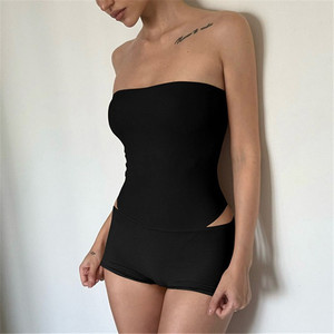 Women Sleeveless <strong>Strapless</strong> <strong>Bodysuit</strong> Top + Skinny Low Waisted Short Pants Two Piece Set - Product Image 3