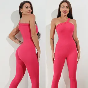 Seamless Slim Fit One Piece Yoga Jumpsuit For Women Removable Cup One Shoulder Sports Fitness Rompers Gym Workout Bodysuit