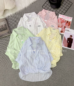 Camisa Casual de Primavera/Verano A752 para Mujer, con Rayas, Cintura Fruncida, Panel de Tela Tipo Camiseta, Cuello Camisero, Popelina de Algodón - Product Image 5
