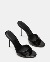 Mules à talons aiguilles en cuir verni noir pour femmes - Chaussures de soirée à bout ouvert à enfiler