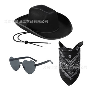 Conjunto de <span class=keywords><strong>Sombrero</strong></span> Vaquero Negro con Pañuelo y Gafas de Sol para Fiesta, Accesorio de Disfraz Vaquero Unisex para Adultos, 100% Poliéster - Product Image 1