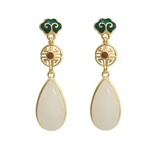 Fashion Women Jewelry Drop Dangle Earrings 18k Gold Plated Natural Jade Chalcedony Earrings 925 Sterling Silver