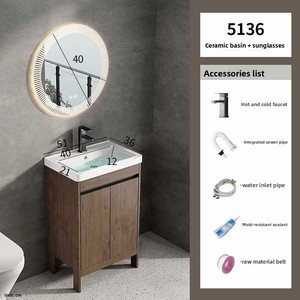 Mueble de Baño con <span class=keywords><strong>Lavabo</strong></span> Integrado de Cerámica, de Madera Maciza de Varias Capas, Ultra Estrecho y Ahorrador de Espacio - Product Image 1