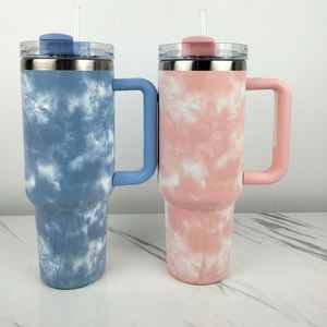 40oz Double Wall Tie-Dye Stainless Steel Insulated Car <b>Travel</b> <b>Mug</b> <b>with</b> <b>Handle</b> and Straw - Product Image 1