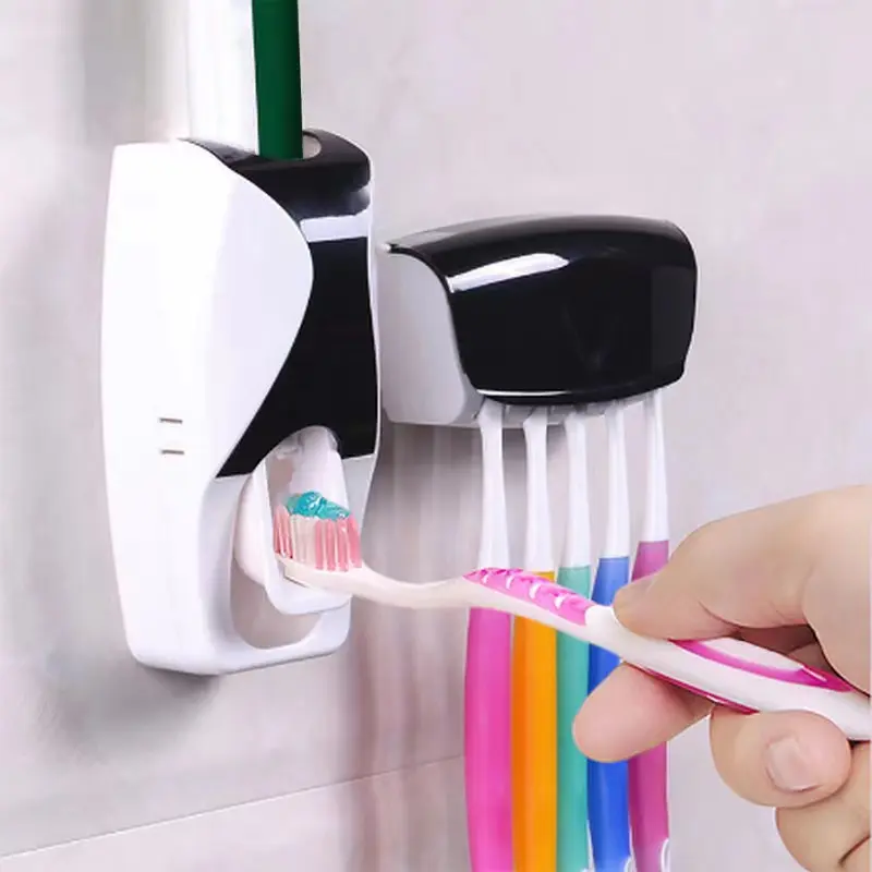 FS251 टूथब्रश रैक पंचिंग-मुक्त स्वचालित टूथपेस्ट स्क्वीज़र बाथरूम दीवार पर लगने वाला सेट मल्टीफंक्शनल टूथब्रश रैक