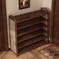 Meuble à chaussures moderne à 6 niveaux en bois et rotin avec poignée, étagère de rangement autoportante pour entrée, chambre et couloir
